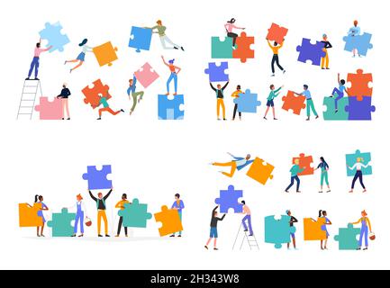 Menschen halten Puzzle Puzzle Puzzle Teile Set Vektor Illustration verbinden. Cartoon-Team von Mann Frau Partner Charaktere Aufbau der Zusammenarbeit, verbindet Puzzleteile. Partnerschaft, Teamwork-Konzept Stock Vektor