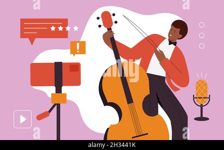 Musiker-Blogger mit Kontrabass Aufnahme Musik Vektor Illustration. Zeichentrickkünstler, der musikalische Videoinhalte erstellt, streamt, Kamera vom Mobiltelefon verwendet. Live Jazz Acoustic Show Online Konzept Stock Vektor
