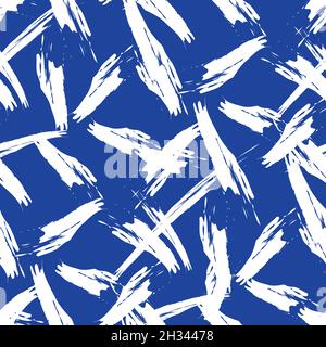 Malerische Faser Textur Vektor nahtlose Muster Hintergrund. Überlappende, isolierte, kräftige, weiße Pinselstriche auf marineblauem Hintergrund. Loser Scherbe Stock Vektor