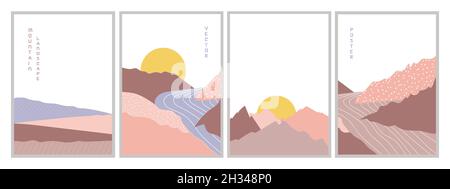 Satz von Vektorgrafiken Poster zur Berglandschaft. Stock Vektor