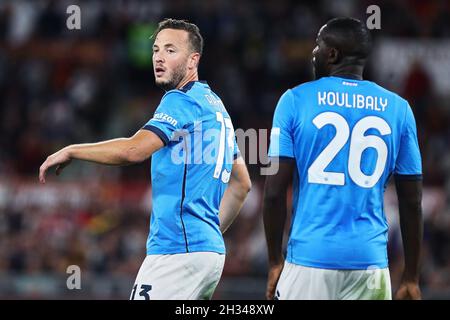 Amir Rrahmani aus Neapel reagiert während des Fußballspiels der italienischen Meisterschaft Serie A zwischen AS Roma und SSC Napoli am 24. Oktober 2021 im Stadio Olimpico in Rom, Italien - Foto: Federico Proietti/DPPI/LiveMedia Stockfoto