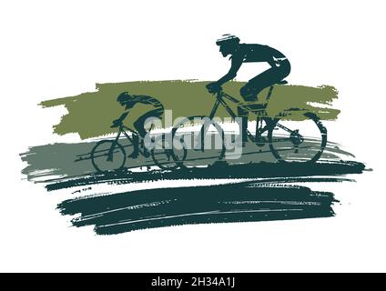 Mountainbike-Radfahrer, Grunge stilisiert. Illustration von zwei Radfahrern auf bunt ausdrucksstarkem Pinselstrich. Isoliert auf weißem Hintergrund. Stock Vektor