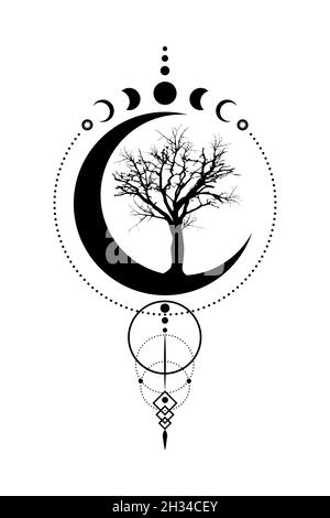 Mystische Mondphasen, Baum des Lebens, Heilige Geometrie. Dreifacher Mond, Halbmond heidnische Wiccan Göttin Symbol, Silhouette Wicca Banner Zeichen, Energie Kreis, Stock Vektor