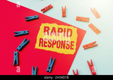 Textüberschrift mit Rapid Response. Wort für medizinisches Notfallteam Schnelle Hilfe beim Schreiben wichtiger Notizen Anzeigen von Nachrichten im Katastrophenfall Stockfoto