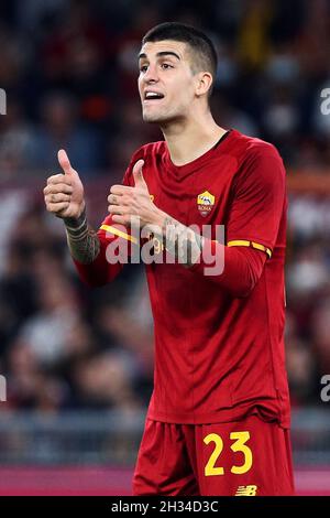 Gianluca Mancini von Roma Gesten während der italienischen Meisterschaft Serie A Fußballspiel zwischen AS Roma und SSC Napoli am 24. Oktober 2021 im Stadio Olimpico in Rom, Italien - Foto: Federico Proietti/DPPI/LiveMedia Stockfoto