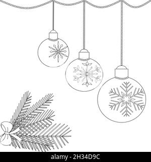 Flache Vektorgrafik. Weihnachten Malvorlagen. Weihnachts-Bastelideen. Weihnachtsspielzeug mit Schneeflocken auf weißem Hintergrund. Stock Vektor