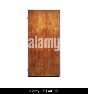 Geschlossene alte braune Bürotür aus Holz isoliert auf weißem Hintergrund