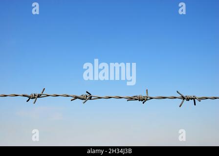 Stacheldraht auf einem Zaun, mit blauem Himmel Hintergrund Stockfoto