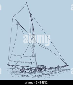 Sloop segelt auf Wellenmeer, isoliert auf hellblauem Hintergrund Stock Vektor