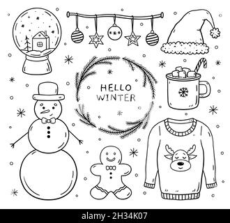 Set von Winter-Kritzeleien - Schneemann, Lebkuchenkeks, hässlicher Pullover, Schneekugel, Weihnachtsmütze, tasse Kakao und Weihnachtskugeln. Vektorgrafik Cartoon handgezeichnete Illustration. Perfekt für Urlaubsdesigns, Karten. Stock Vektor