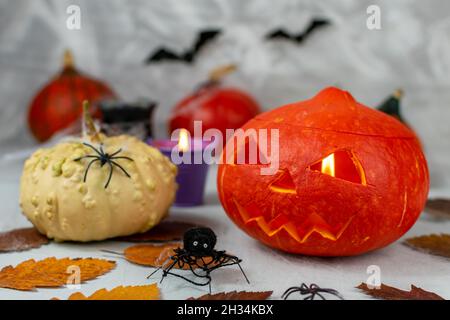 Halloween Kürbisse auf einem grauen Wandhintergrund mit Geistern, Fledermäusen, Spinnen, Kerzen, Kürbissen. Blätter. Konzeptuelles Stillleben zum Thema Halloween. Stockfoto