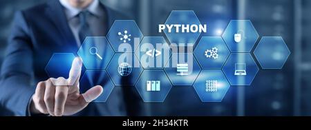Python Programmiersprache. Programmierung Workflow abstrakten Algorithmus Konzept auf virtuellen Bildschirm. Stockfoto