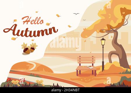 Postkarte Hallo Herbst. Herbstlandschaft mit Stadtgebäuden auf einem Hintergrund. Stadtpark. Kühles Wetter. Natur in warmen Farben. Vektorgrafik. Stock Vektor