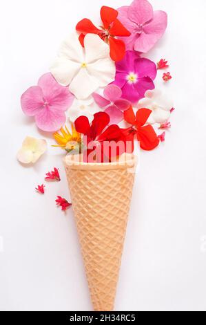 Waffel-Eiscreme-Kegel mit Blumen auf weißem Hintergrund Stockfoto