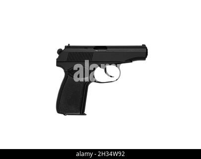 Sowjetische klassische halbautomatische 9-mm-Pistole. Polizei- und Militärwaffen. Schwarze PM-Pistole mit braunem Griffisolat auf weißem Hintergrund. Stockfoto