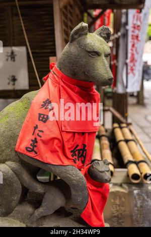 Eine Statue der Inari Kitsune oder Fuchsgöttin, die ein rotes Lätzchen trägt, von dem angenommen wird, dass sie Dämonen im Toyokawa Inari Betsuin Tempel in Asakusa, Tokio, Japan, vertreibt. Der buddhistische Tempel ist Teil der Soto Zen Sekte und beherbergt die Gottheit Toyokawa Dakinishinten, aber auch bekannt für die Tausenden von Fuchsstatuen. Stockfoto