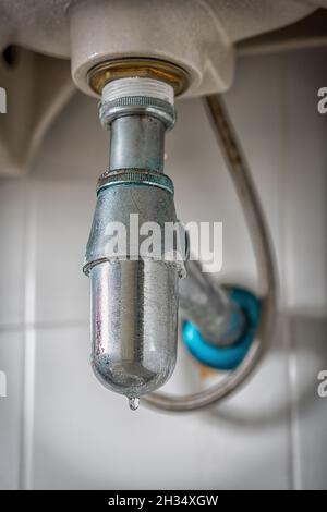 Reparatur verstopfter und undichter Waschtischabwasserkanäle im Badezimmer Stockfoto