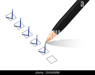 Vektor-blaue Häkchen-Symbole auf der Checkliste mit Stift. Vektor-isolierte Illustration auf weißem Hintergrund Stock Vektor