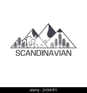 Das skandinavische Logo. Skandinavische Landschaft im flachen Stil. Grüne Berge, nördliche Natur, Wälder und Tannenbäume Stock Vektor