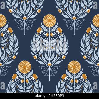 Stilisierte Dahlien floraler Damast in kuscheligen Farben. Weiches orangefarbenes Blumenmotiv, blau-graue Blätter auf marineblauem Hintergrund. Kuschelig klassisch beruhigende Erdtöne. Stock Vektor