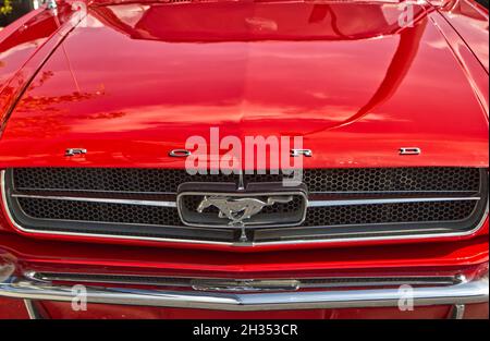 Grovetown, GA USA - 10 14 21: 1966 Vintage seltene rote Ford Mustang Haube Stockfoto