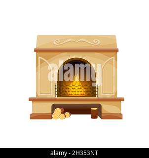 Moderner Innenkamin mit Brennholz, Vektor-Holzofen oder Feuerstelle mit Feuerflammen, Stahlrost und Holzstämmen, Marmorverkleidung, Rahmen, Mantel. Stock Vektor
