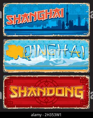 China-Platten für die Regionen Shanghai, Qinghai und Shandong. China Städte und Provinzen Vektor Zinn Zeichen, vintage Reise Aufkleber mit orientalischen Perlen Radio Stock Vektor