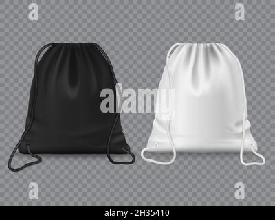 Kordelzugtaschen, Sport- oder Schulkleidung und Schuhe Rucksack, Vector Mockup. Realistischer schwarz-weißer Kordelzugbeutel oder Beutel mit Seilen, Rändelsack Stock Vektor