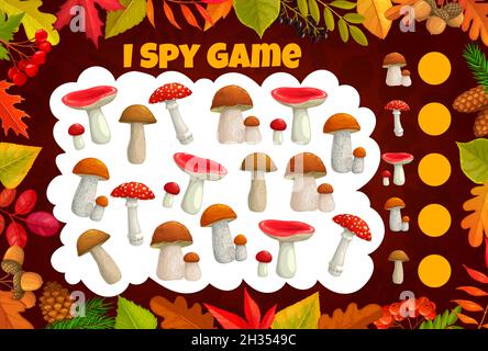 Kinder Spion Spiel mit Cartoon-Pilze und Blätter. Vektor-Puzzle, Logik Rätsel oder Bildung Arbeitsblatt Vorlage mit der Aufgabe zu finden und zu zählen Herbst Mushro Stock Vektor