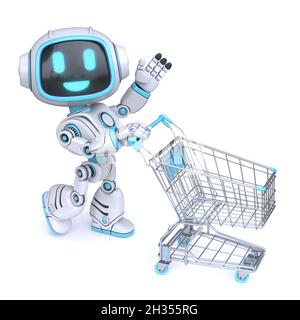 Niedliche blaue Roboter schieben leeren Warenkorb 3D-Rendering Illustration isoliert auf weißem Hintergrund Stockfoto