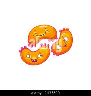 Cartoon-Virus-Zell-Vektor-Symbol, niedliche dreifache Bakterien mit glücklichen Gesichtern, lustige Keim-Charakter. Lächelnder Erreger Mikrobe Maskottchen oder Emoticon, isoliertes Mikro Stock Vektor