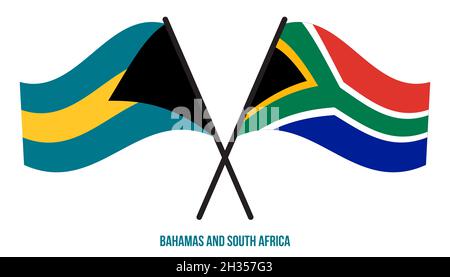 Bahamas und Südafrika Flaggen gekreuzt und winken Flat Style. Offizieller Anteil. Korrigieren Sie Die Farben. Stockfoto