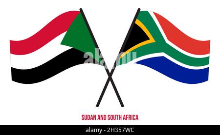 Sudan und Südafrika Flaggen gekreuzt und winken Flat Style. Offizieller Anteil. Korrigieren Sie Die Farben. Stockfoto