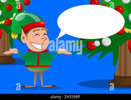 Weihnachtself zuckt Schultern, um eine Geste zu zeigen, die keine Ahnung hat. Vektor Cartoon Figur Illustration von Santa Claus kleinen Arbeiter, Helfer. Stock Vektor