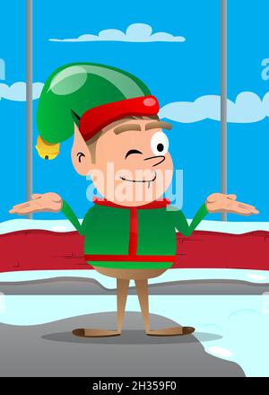 Weihnachtself zuckt Schultern, um eine Geste zu zeigen, die keine Ahnung hat. Vektor Cartoon Figur Illustration von Santa Claus kleinen Arbeiter, Helfer. Stock Vektor