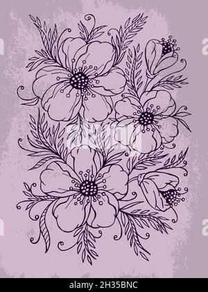 Vektor handgezeichnete Illustration mit Kontur von Blumen auf texturiertem Hintergrund. In violetten Farben. Stock Vektor