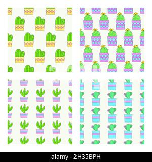Vector Set aus vier nahtlosen Mustern mit Kakteen in Blumentöpfen. Flache Farbkollektion. Stock Vektor