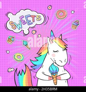 Pop Art Hintergrund mit Cartoon Einhorn und Sprechblase mit Text SÜSSIGKEITEN! Comic-Nachahmung im Retro-Stil. Vektor-helle Illustration. Stock Vektor