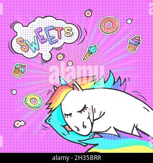 Pop-Art Hintergrund mit Cartoon schlafen Einhorn und Sprechblase mit Text SÜSSIGKEITEN! Comic-Nachahmung im Retro-Stil. Vektor-helle Illustration. Stock Vektor