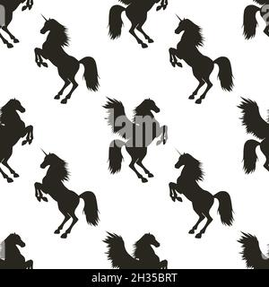 Vektor nahtloses Muster mit handgezeichneten Silhouetten Pegasus und Einhorn. In schwarz-weißen Farben. Stock Vektor