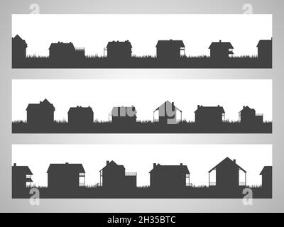 Set von drei horizontalen nahtlose Abbildung mit Land Hütten. Schwarze Silhouetten. Stock Vektor