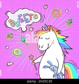 Pop Art Hintergrund mit Cartoon Einhorn und Sprechblase mit Text SÜSSIGKEITEN! Comic-Nachahmung im Retro-Stil. Vektor-helle Illustration. Stock Vektor