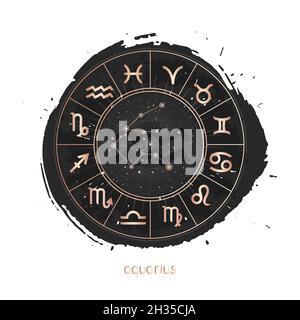 Vektordarstellung des Sternzeichens und Sternbildes Wassermann mit Horoskopkreis auf einem grunge-farbenem Hintergrund. Bild in Gold und Schwarz. Stock Vektor
