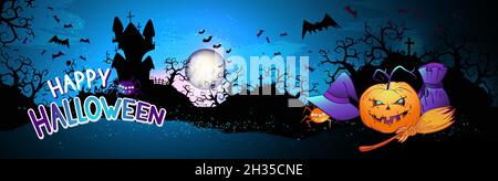 Vektor-Illustration mit Kürbissen Kopf, finstere Burg, Friedhof, Fledermäuse und Text auf nächtlichen Hintergrund mit Vollmond. Frohe halloween. Stock Vektor