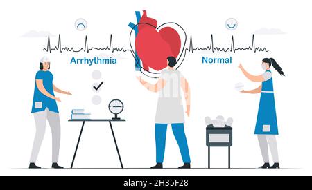 Das Arrhythliesignal wird diagnostiziert und zu einem normalen Signal behandelt. Kardiologische Vektordarstellung. Flach abtünchend isoliert auf weißem Hintergrund. Stock Vektor