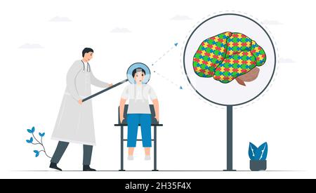 Der Arzt untersucht und scannt das Gehirn des Jungen. Das Ergebnis zeigt, dass er autistisch ist. Er kann besondere Dinge tun. Infografik zum Weltautismus-Tag, Stock Vektor