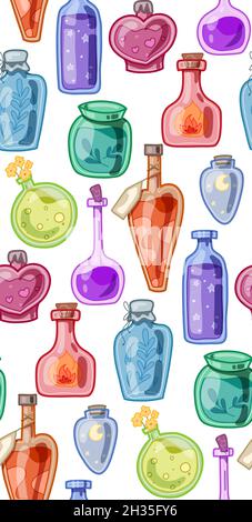 Nahtloses Muster mit verschiedenen magischen Tränke, Giften und Gegengiften. Alchemie und Trank machen. Hexentinkturen. Vektorstruktur mit Hand gezeichnet flach Stock Vektor