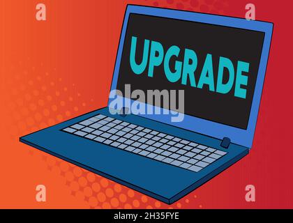 Laptop mit dem Wort Upgrade auf dem Bildschirm, Upgrade Software-Programm-Konzept. Vektorgrafik Cartoon-Illustration. Stock Vektor