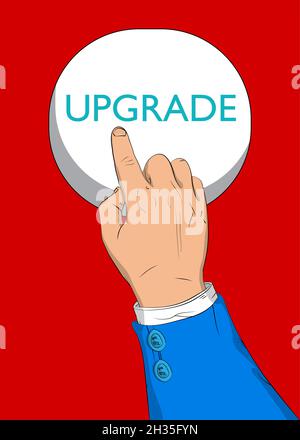 Geschäftsmann drückt Upgrade-Taste mit seinem Zeigefinger, Upgrade Software-Programm-Konzept. Konzept im Comic-Stil. Stock Vektor