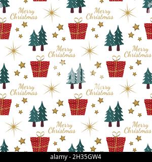 Nahtloses Muster mit festlichem Weihnachtsgeschenk, Bäumen im Schnee, Sternen und Schneeflocken auf weißem Hintergrund. Heller Druck für Neujahr und Winterurlaub zum Einpacken von Papier, Textil und Design Stock Vektor
